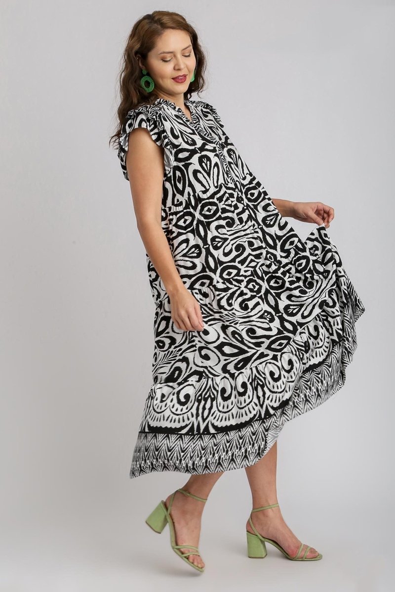 Umgee Full Size Two Tone Border Print Ruffle Cap Sleeve Midi Dress Plus Size - New Arrivals